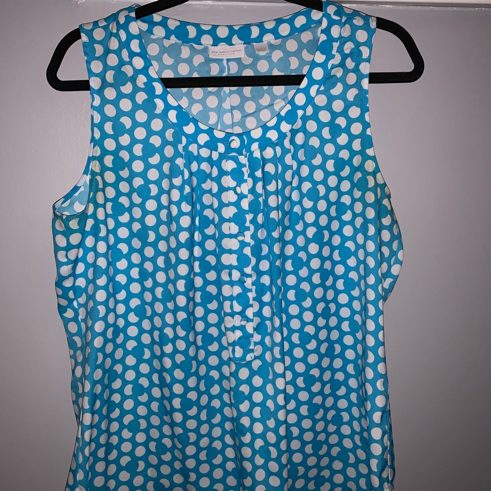 Blue flowy tank white polka dots
